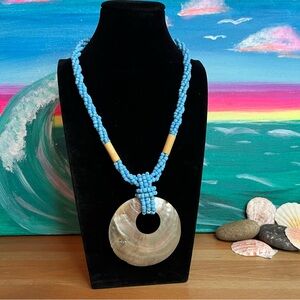 Blue Beaded Shell Pendant Necklace - Women Jewelry
